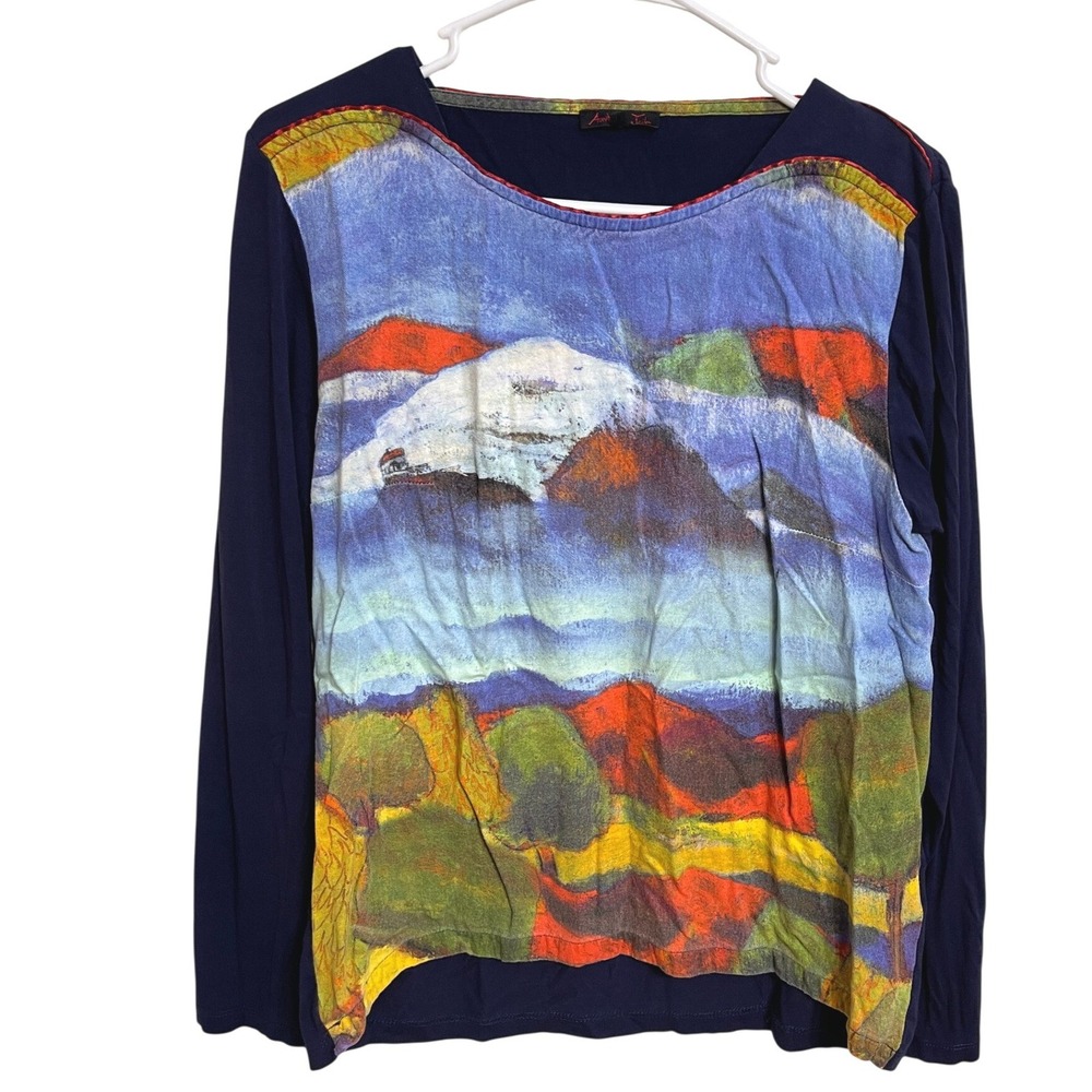 Aventures des Toiles Mountain Watercolor Art to Wear Lagenlook Blue Top Size M